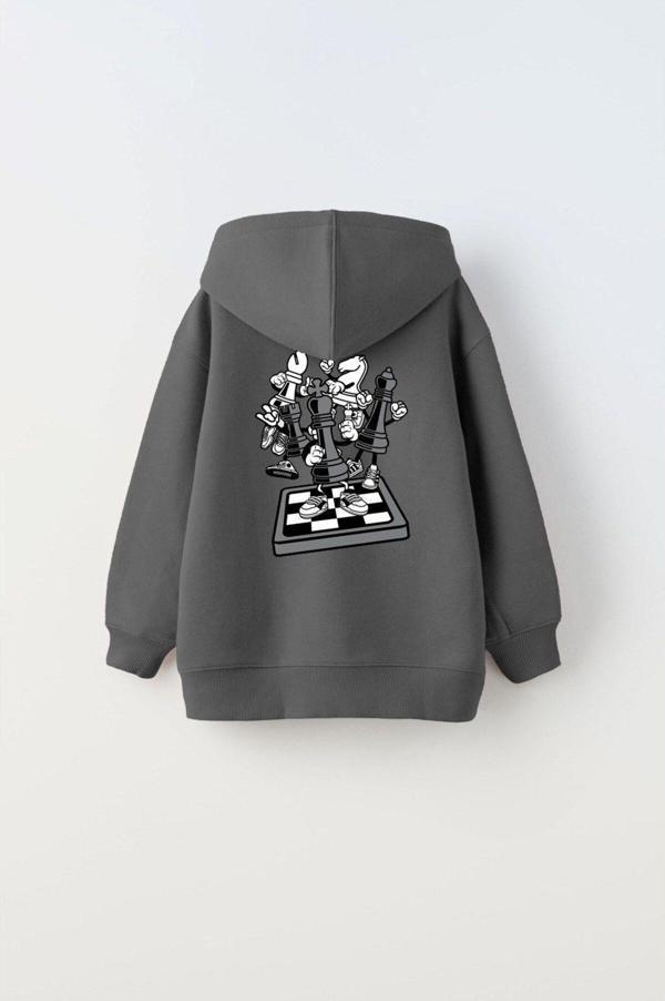 The Champ Clothing Kapüşonlu Içi Polar Satranç Think Baskılı Füme Unisex Çocuk Hoodie Sweatshirt - Image 1