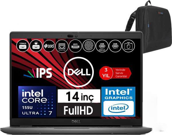Dell Latitude 3450 Intel Core Ultra 7 155U 48GB Ddr5 2tb SSD 14" Fhd IPS Freedos Taşınabilir Bilgisayar WXCTO345015_VP14+ZETTAÇANTA - Image 1