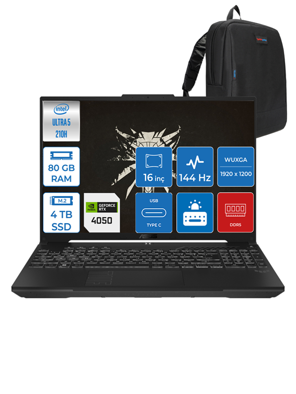 Asus Tuf Gaming F16 FX607VU Intel Core Ultra 5 210H 80GB Ddr5 4tb SSD 6GB/RTX4050/140W Freedos 16" Fhd+ 144Hz IPS Taşınabilir Bilgisayar FXRL141F24 + Zettaçanta - Image 1
