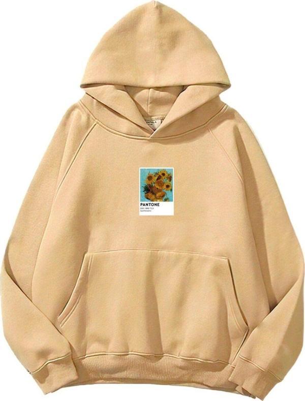 The Champ Clothing Kapüşonlu Içi Polar Sunflowers Baskılı Bej Unisex Oversize Hoodie Sweatshirt - Image 1