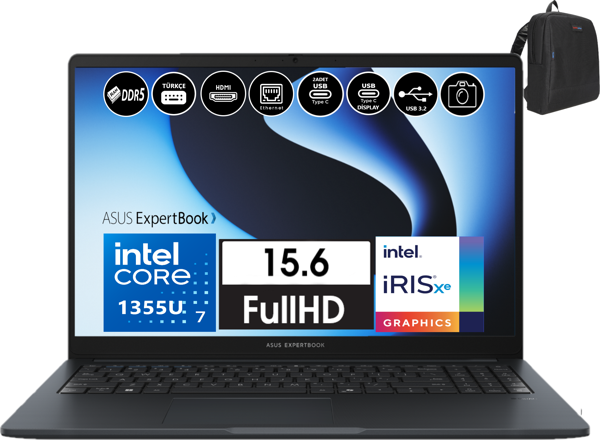 Asus Expertbook B1 B1503CVA Intel Core I7-1355U 40GB Ddr5 256GB SSD WINDOWS11PRO 15.6 Fhd Intel Irıs Xe Graphic Taşınabilir Bilgisayar WI716G512B1DW21+ZETTAÇANTA - Image 1