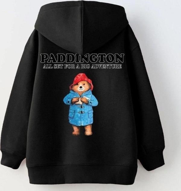 Gia-Art Kapüşonlu İçi Polar Paddington Yazılı Ayı Figür Baskılı Siyah Unisex Hoodie Çocuk Sweatshirt - Image 1