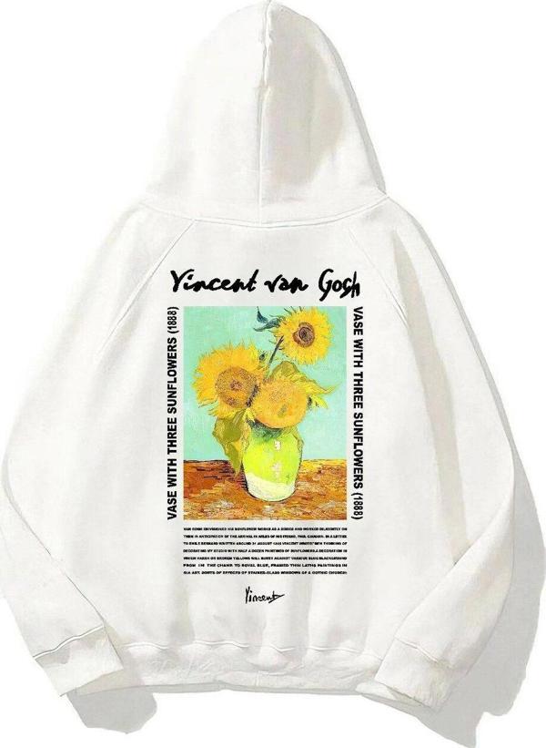 The Champ Clothing Kapüşonlu Içi Polar Vincent Van Gogh Baskılı Beyaz Unisex Hoodie Sweatshirt - Image 1