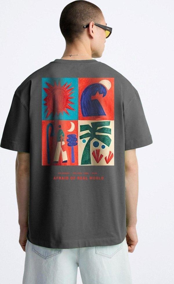 The Champ Clothing Bisiklet Yaka Afraid Of Real World Baskılı Füme Oversize Erkek T-Shirt - Image 1