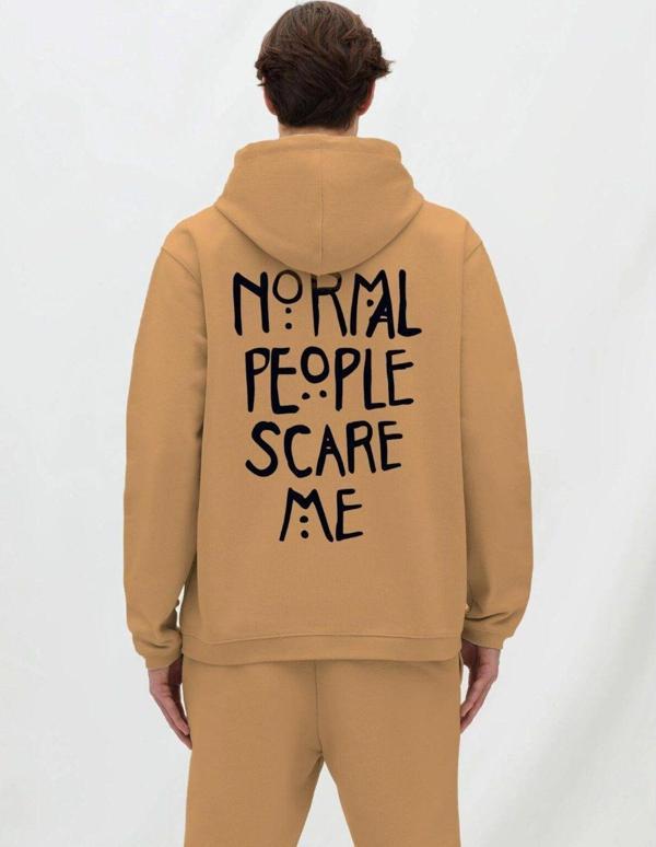 The Champ Clothing Kapüşonlu İçi Polar Normal People Scare Me Baskılı Bej Unisex Hoodie Sweatshirt - Image 1