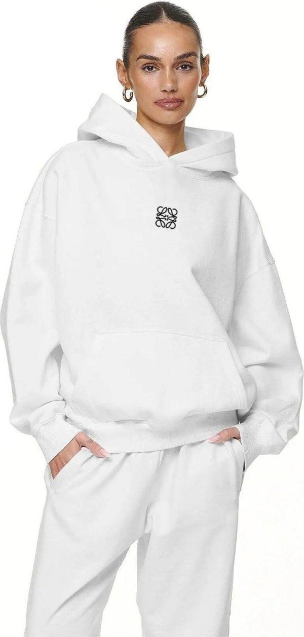 The Champ Clothing Beyaz Unisex Loewe Yüksek Baskılı Kapüşonlu Kanguru Cepli Oversize Hoodie - Image 1
