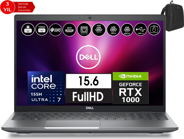 Dell Precısıon M3591 Intel Ultra 7-155H Vpro 48GB 1tb SSD RTX1000 6gb 15.6" W11PRO Taşınabilir Iş Istasyonu XCTOP3591EMEAVP207+ZETTAÇANTA - Image 1