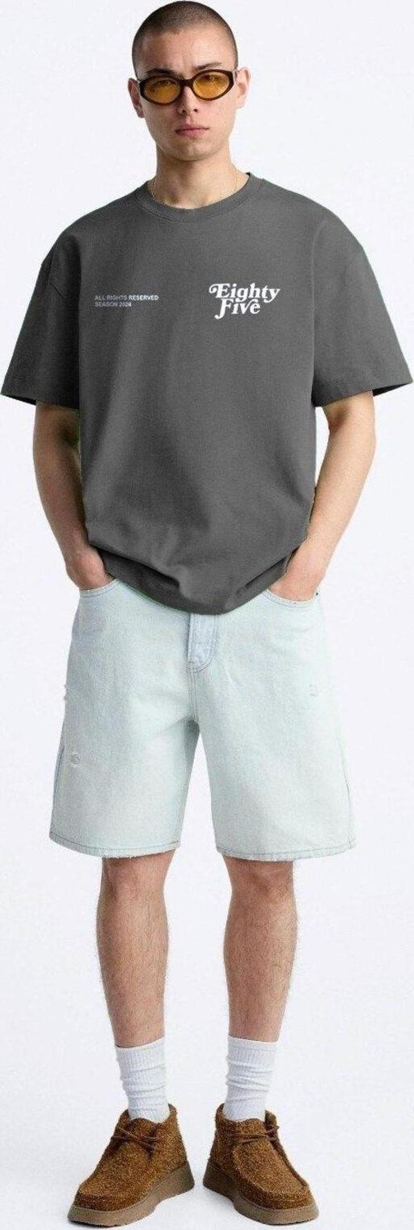 Gia-Art Bisiklet Yaka Eighty Five Yazılı Oversize Füme Erkek T-Shirt - Image 1