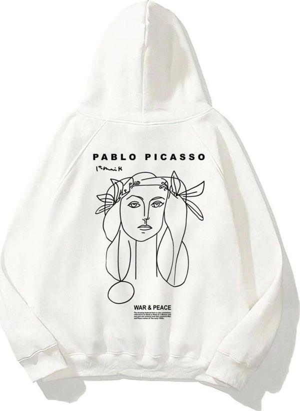 The Champ Clothing Kapüşonlu Içi Polar War & Peace Baskılı Beyaz Unisex Hoodie Sweatshirt - Image 1