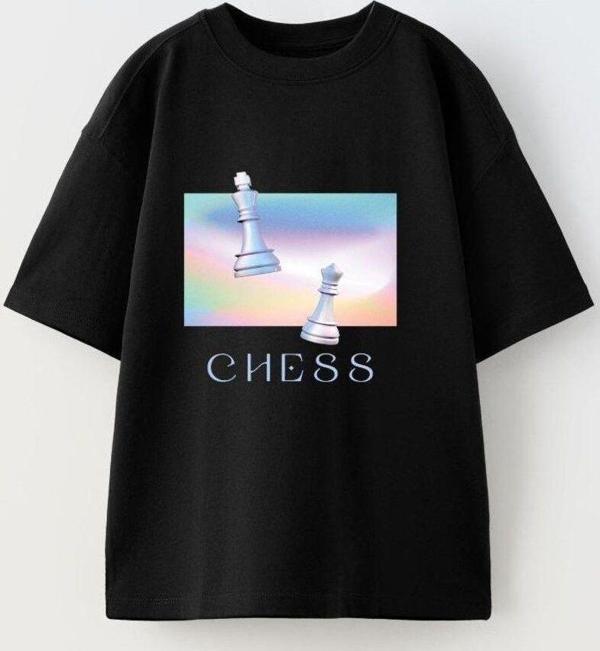 The Champ Clothing Chess Yazılı Renkli Satranç Tasarım Baskılı Siyah Çocuk T-Shirt - Image 1