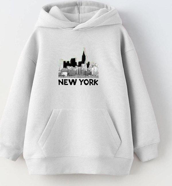 Gia-Art Kapüşonlu İçi Polar New York Yazı Baskılı Beyaz Unisex Çocuk Hoodie Sweatshirt - Image 1