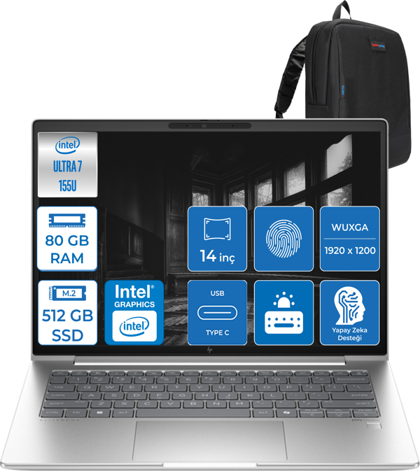 Hp Elitebook 640 G11 Ultra7 155U 80GB Ddr5 512GB SSD 14"' Fhd 400NIT Wuxga Windows 11 Pro Taşınabilir Bilgisayar HA23E2EAP20 + Zettaçanta - Image 1