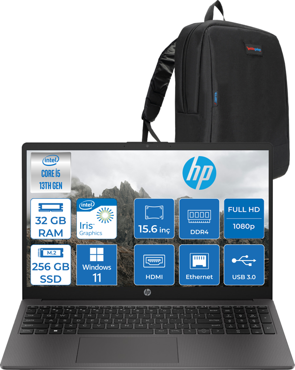 Hp 250 G10 Intel Core I5 1334U 32GB 256GB SSD Intel® Iris® Xᵉ Grafik Windows 11 Pro 15.6" Taşınabilir Bilgisayar B2NC5ESP16 + Zetta Çanta - Image 1