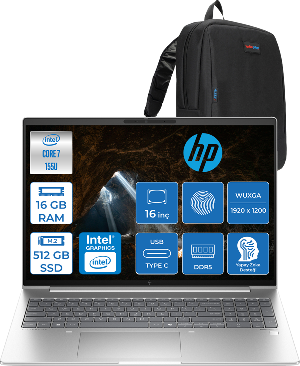 Hp Elitebook 660 G11 Intel Core Ultra 7 155U 16GB Ddr5 512GB SSD 16" Wuxga 300NITS IPS Freedos Taşınabilir Bilgisayar 9C004EAF01 + Zetta Çanta - Image 1