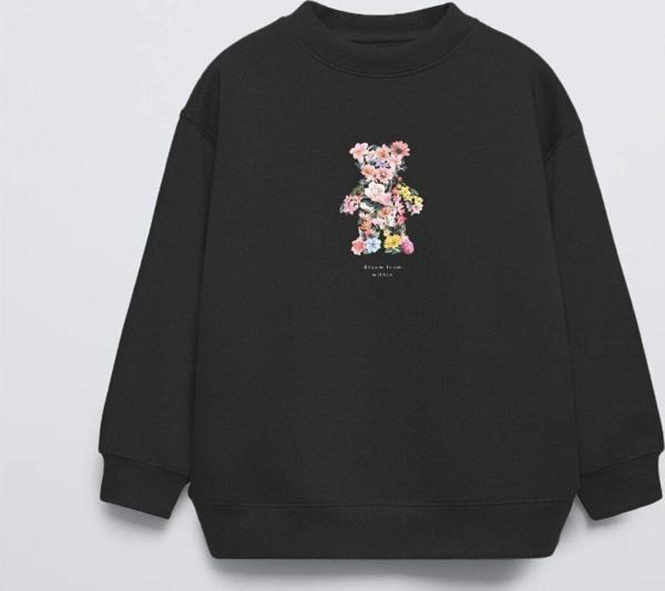 Gia-Art Siyah Çocuk Çiçekli Ayıcık Baskılı Bisiklet Yaka Oversize Sweatshirt - Image 1
