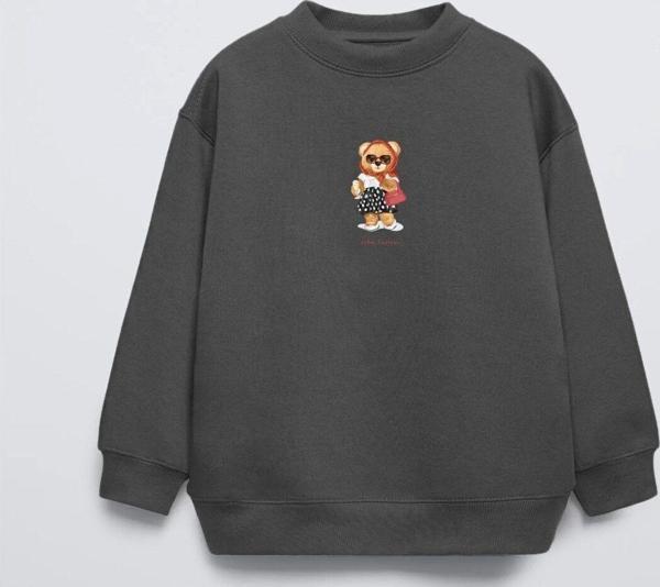 Gia-Art Füme Bisiklet Yaka Retro Fashion Yazılı Puantiyeli Ayıcık Baskılı Oversize Çocuk Sweatshirt - Image 1