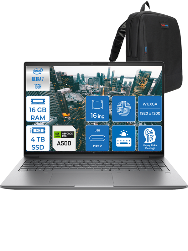 Zbook Power 16 G11 Intel Core Ultra 7 155H 16GB Ddr5 4tb SSD 16" IPS Wuxga 4GB/RTXA500 Windows 11 Pro Dizüstü Bilgisayar HP8T0U2EAP03 + Zettaçanta - Image 1