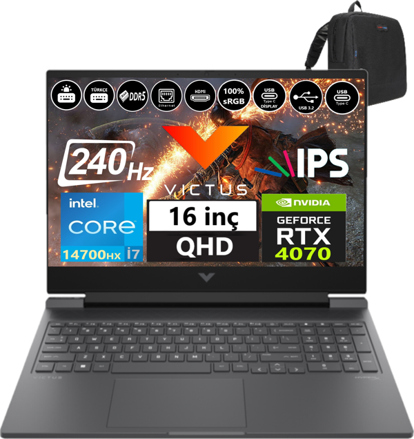 Hp Victus 16-R1012NT Intel I7-14700HX 96GB Ddr5 4tb SSD 8GB/RTX4070 WINDOWS11PRO 16.1" 240Hz Qhd 3ms 300NİTS Taşınabilir Bilgisayar 99J1K2EA60+WEBLEGELSINÇANTA - Image 1