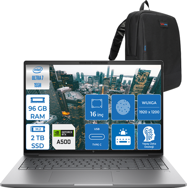 Zbook Power 16 G11 Intel Core Ultra 7 155H 96GB Ddr5 2tb SSD 16" IPS Wuxga 4GB/RTXA500 Windows 11 Pro Dizüstü Bilgisayar HP8T0U2EAP26 + Zettaçanta - Image 1