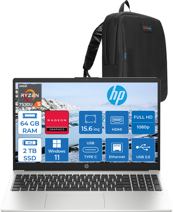 Hp 255 G10 Amd Ryzen 5 7530U 64GB 2tb SSD Amd Radeon Grafik Windows 11 Home 15.6" Taşınabilir Bilgisayar 9G1G0ETH34 + Zetta Çanta - Image 1