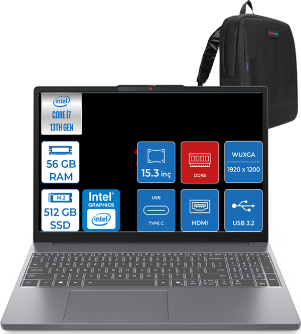 Lenovo Ideapad Slim 3 Core I7 13620H 56GB Ddr5 512GB SSD Intel® UHD Graphics WIN11PRO 15.3" Wuxga IPS Taşınabilir Bilgisayar 3S15IRH10P13 + Zettaçanta - Image 1