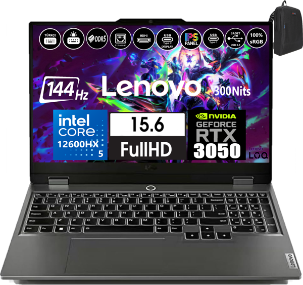 Lenovo Loq 15IAX9 Intel Core I5 12600HX 32GB Ddr5 1tb SSD 6GB/RTX3050 WINDOWS11PRO 15.6" 144Hz Fhd IPS 300NIT Taşınabilir Bilgisayar 883GS00PDTR46+WEBLEGELSINÇANTA - Image 1