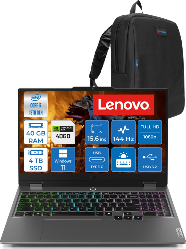 Lenovo Loq 15IRX9 Intel Core I7 13650HX 40GB Ddr5 4tb SSD RTX4060 8gb 115W 15.6" Fullhd 144HZ 300NITS IPS Windows 11 Home Taşınabilir Bilgisayar 83DV011HTRH16 + Zetta Çanta - Image 1