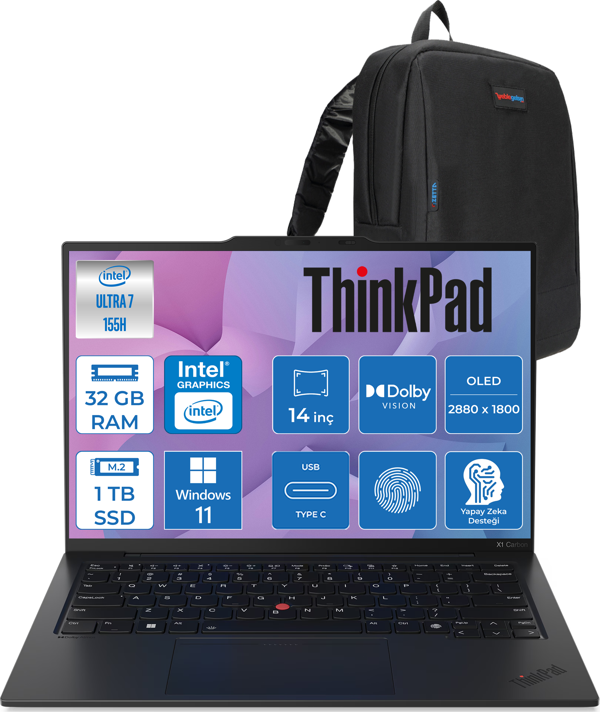 Lenovo Thinkpad X1 Carbon GEN12 Intel® Core™ Ultra 7 155U 32 GB 1 Tb SSD Windows 11 Pro 4g(Esım) 14'' 2.8k (2880X1800) OLED 400NITS Dokunmatik Dizüstü Bilgisayar X21KC006BTX03 +Zetta Çanta - Image 1