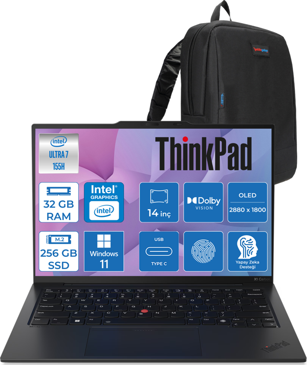 Lenovo Thinkpad X1 Carbon GEN12 Intel® Core™ Ultra 7 155U 32 GB 256 GB SSD Windows 11 Pro 4g(Esım) 14'' 2.8k (2880X1800) OLED 400NITS Dokunmatik Dizüstü Bilgisayar X21KC006BTX01 +Zetta Çanta - Image 1
