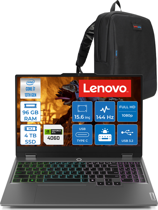 Lenovo Loq 15IRX9 Intel Core I7 13650HX 96GB Ddr5 4tb SSD RTX4060 8gb 115W 15.6" Fullhd 144HZ 300NITS IPS Freedos Taşınabilir Bilgisayar 83DV011HTRF28 + Zetta Çanta - Image 1