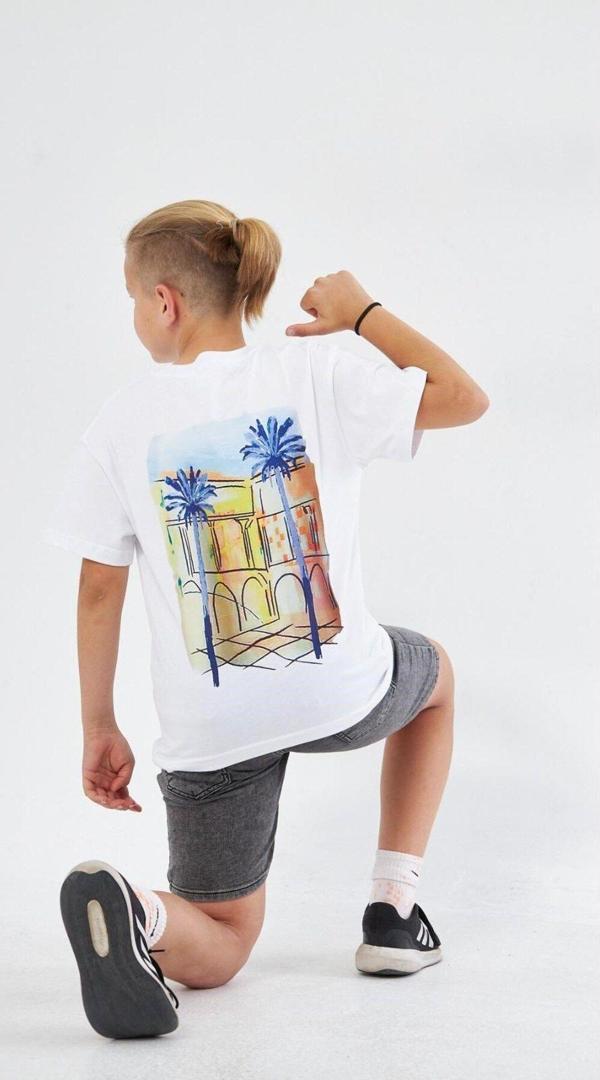 The Champ Clothing Bisiklet Yaka Palmiye Baskılı Beyaz Çocuk T-Shirt - Image 1