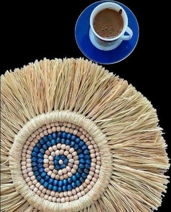 RAFYA MAVİ AHŞAP BONCUKLU DUVAR AKSESUAR SÜSÜ - Image 1