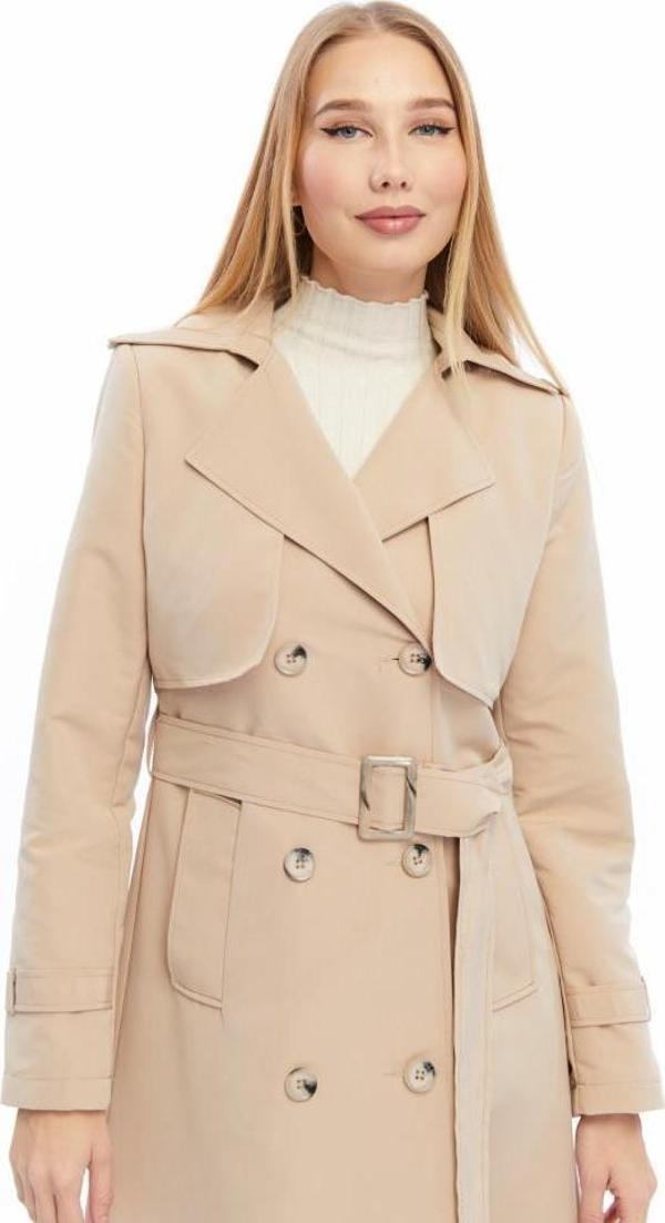 Uzun Boy Düğmeli ve Kemerli Trençkot - Image 1