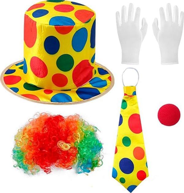 Renkli Palyaço Kostüm Seti – 5 Parça Aksesuar (Şapka, Peruk, Kravat, Eldiven, Burun) - Image 1
