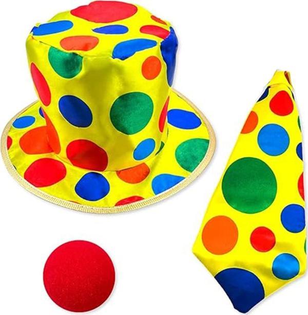 Renkli Palyaço Kostüm Seti – 3 Parça Aksesuar (Şapka, Kravat, Burun) - Image 1