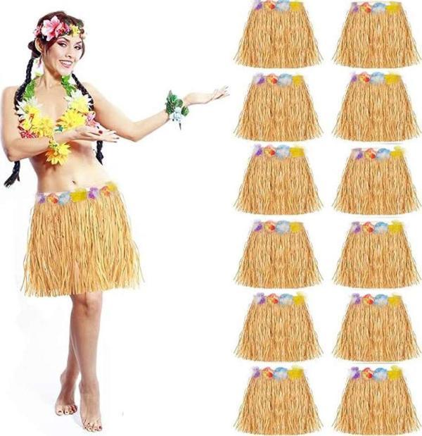 Yetişkin ve Çocuk Uyumlu Saman Renk Hawaii Luau Hula Etek 40 cm 12 Adet - Image 1