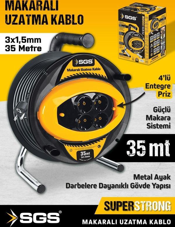 SGS2131 3x1,5mm 35 Metre Makaralı Uzatma Kablo Metal Ayaklı 4 Lü Priz - Image 1