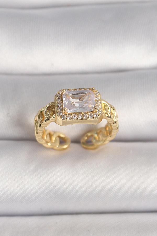 Pirinç Gold Renk Zincir Model Kare Zirkon Taşlı Kadın Yüzük - EBJ250207W31138 - Image 1