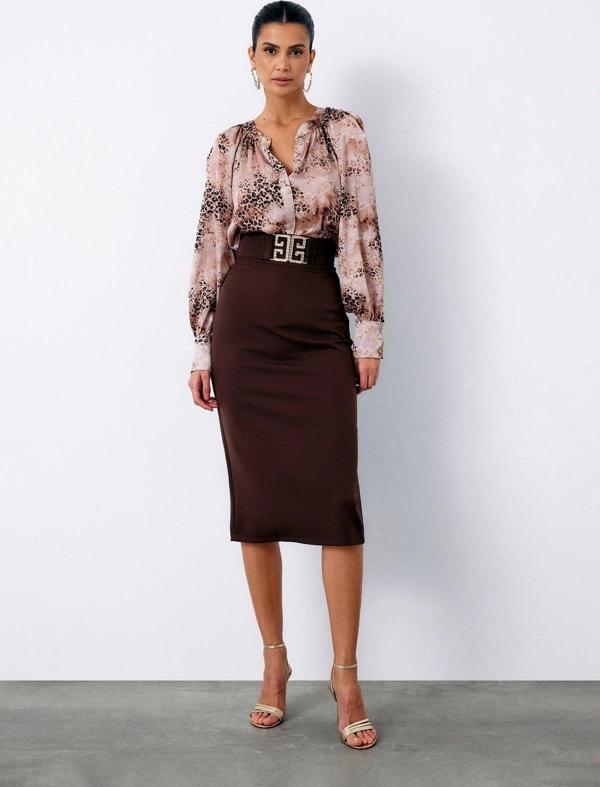 Aksesuar Detaylı Kalem Etek - Kahve - Image 1