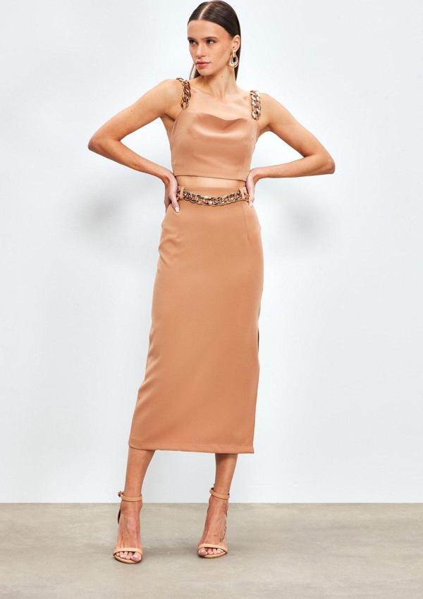 Zincir Kemerli Kalem Etek - Camel - Image 1