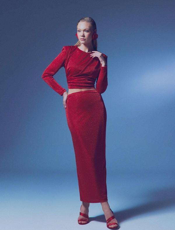 Simli Midi Etek - Kırmızı - Image 1