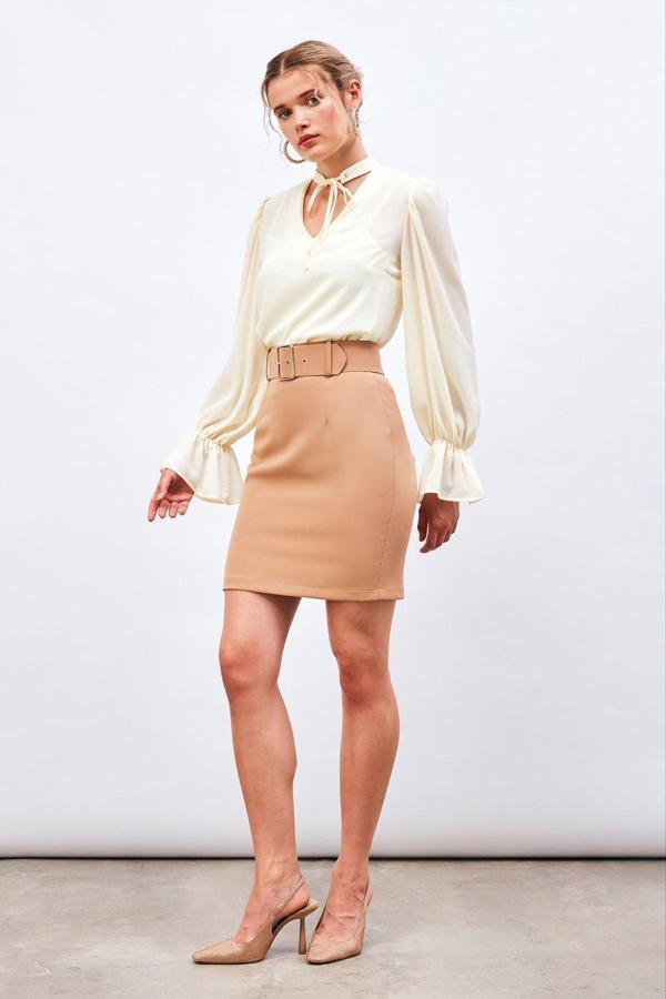 Kemerli Mini Boy Etek - Camel - Image 1