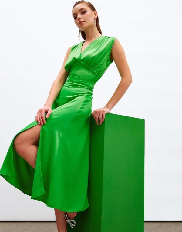 Yırtmaçlı Saten Etek - Yeşil - Image 1