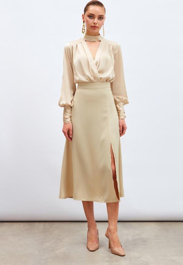 Yırtmaçlı Saten Etek - Bej - Image 1