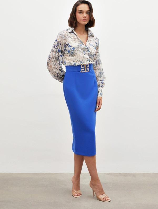 Aksesuar Detaylı Kalem Etek - Mavi - Image 1