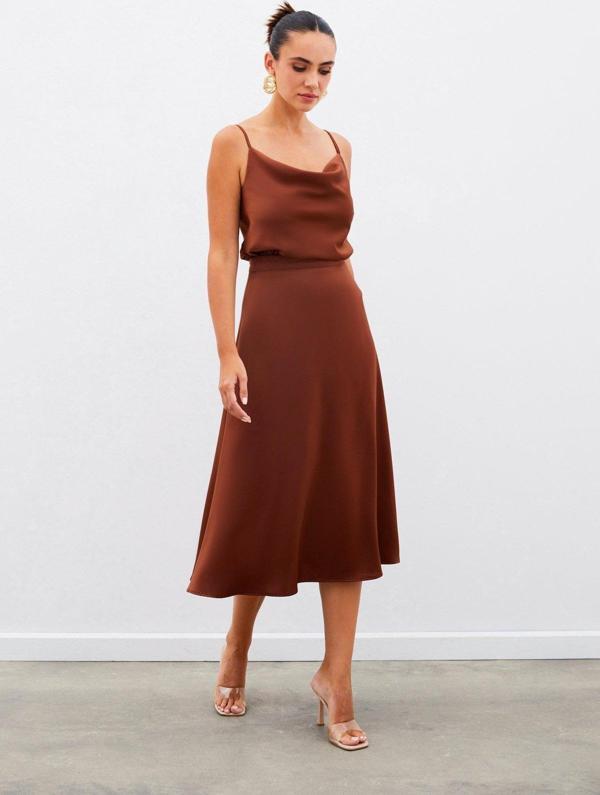 Midi Boy Saten Etek - Kahve - Image 1