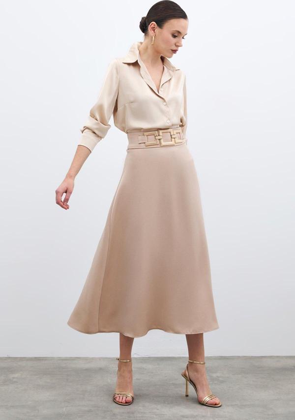 Bel Aksesuarlı Saten Krep Etek - Bej - Image 1