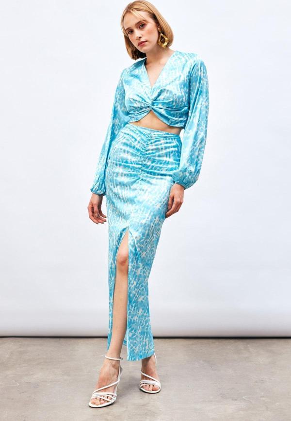 Yırtmaç Detaylı Desenli Uzun Etek - Turkuaz - Image 1