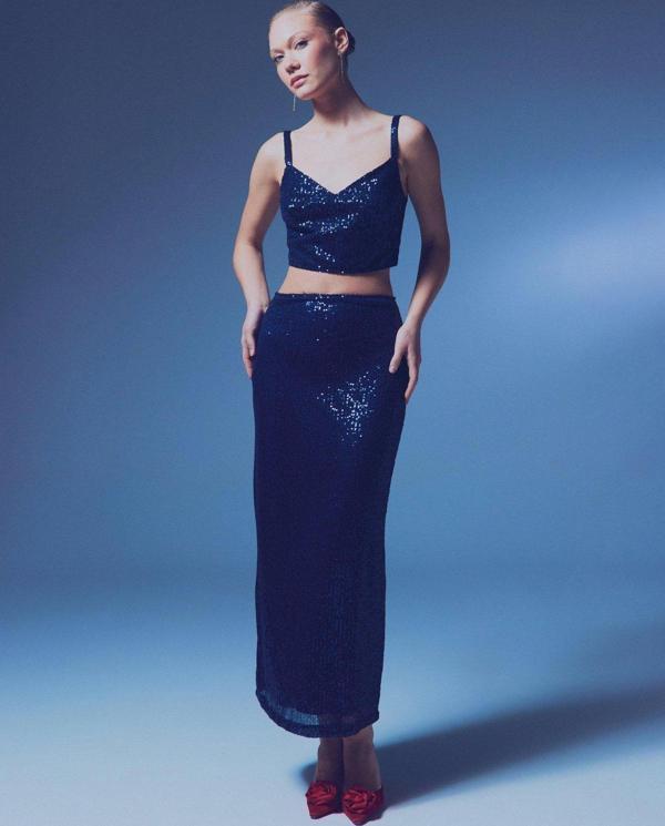 Fermuarlı Karolin Midi Etek - Lacivert - Image 1