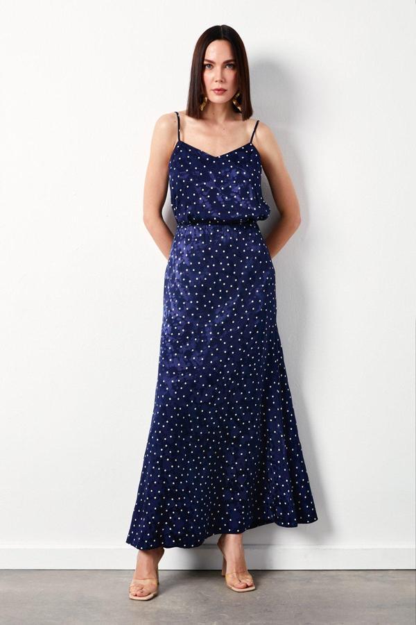 Puantiye Desenli Uzun Etek - Lacivert - Image 1